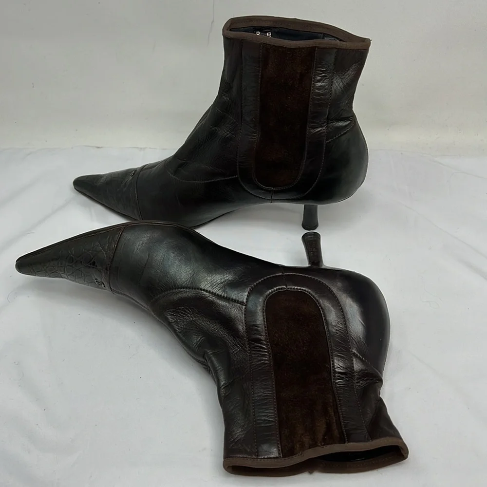 Chanel Sz 8 Brown Leather Croc and Suede Ankle Length Sock Kitten Heel Boots